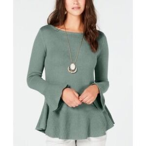 Style & Co Bell Sleeve Peplum Sweater Women XS Teal Green Ruffle-Trim Knit New